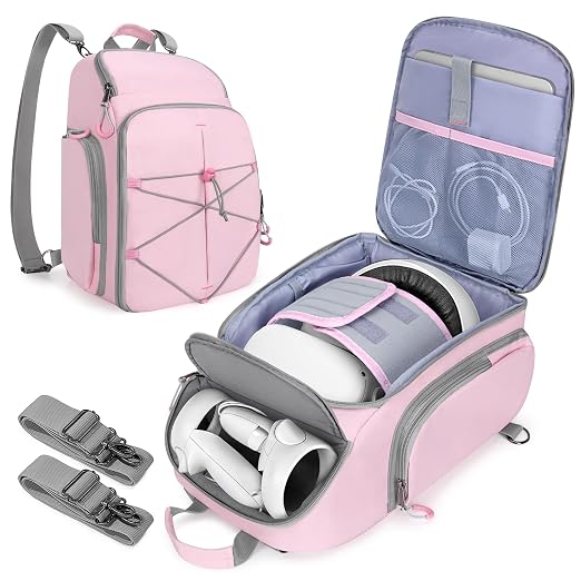 PGmoon Carrying Case Compatible with Oculus Meta Quest 2/Quest 3/Quest 3S/VR Elite Strap, Travel Storage Bag Backpack with Separate Room for Touch Controllers and Multi-Pockets (Patent Design)