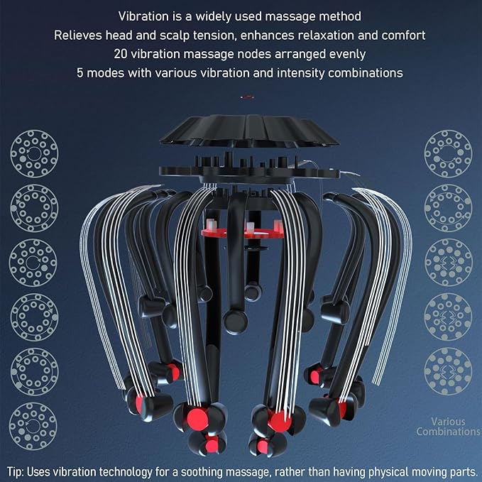 Electric Scalp Massager - Octopus Head Massager Stress Relax, 20 Claw Multi-Configuration Array Vibrating Nodes, 5 Modes, Bluetooth Music, Hair Scalp Relaxation, Fatigue Relief