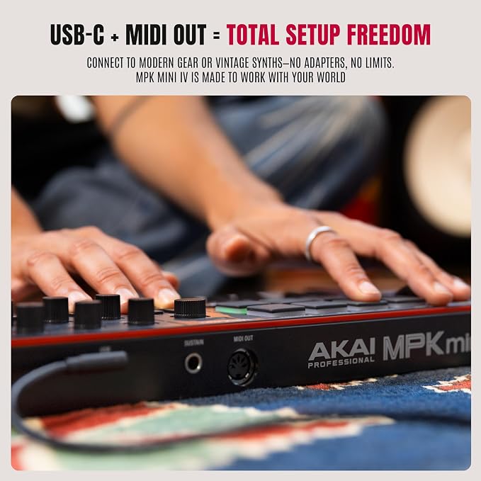 Akai Professional MPK Mini IV USB-C MIDI Keyboard Controller for Beginners and Producers - MPC Drum Pads, 360° Knobs, Pitch and Mod Wheels, Production Software, Native Instruments Sound Package, Black