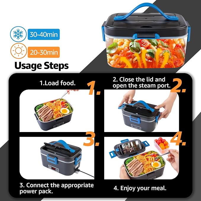 Nifogo Electric Lunch Box for Adults 80W with Temperature Display Heated Lunch Box Food Warmer Lunch Box 1.8L Stainless Steel Container&Bag 12V/24V/110V for Car/Truck/Work(Blue)