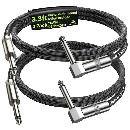 AA AUDIO ACCESSORY Right Angle Guitar Cable 3.3ft 2 Pack, Nylon Braided Anti-Kinking Kevlar-Reinforced, 20 AWG 99.99% OFC 1/4 Instrument Cable, AL & OFC Shielded Guitar Cord for Fender Electric Guitar