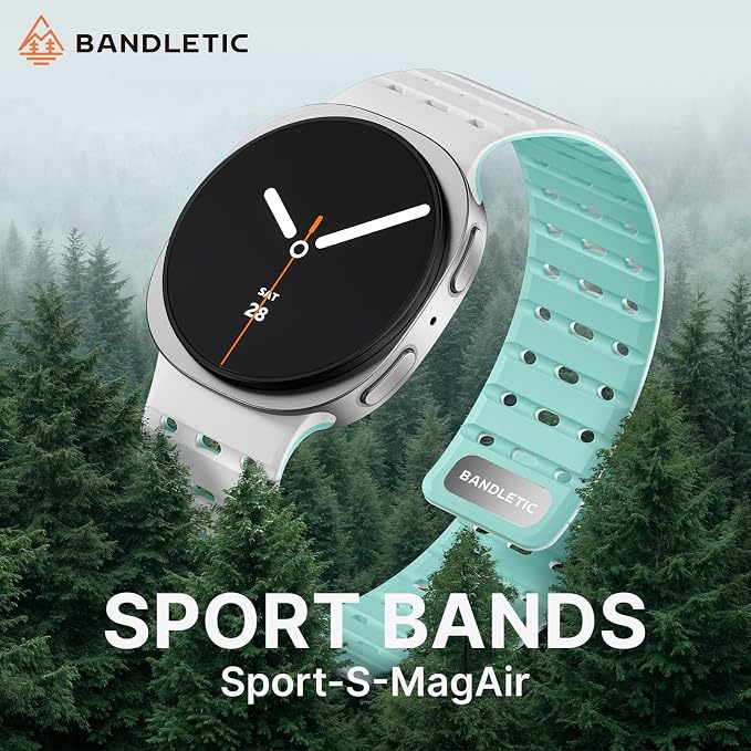 Bandletic Magnetic Silicone Band Compatible with Samsung Galaxy Watch 8 40mm 44mm / Watch 8 Classic 46mm 2025, No Gap Soft Breathable Replacement Strap for Men Women, White/Turquoise