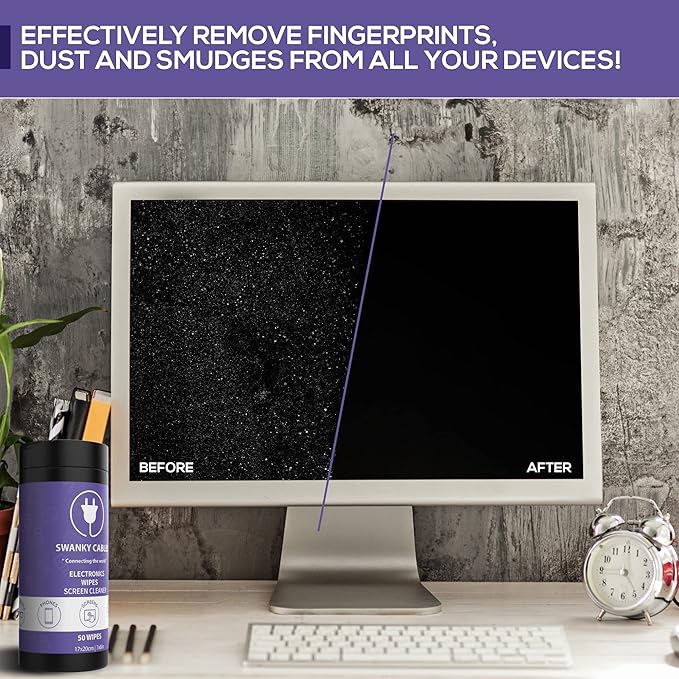 Swanky Cables Screen Cleaner Wipes: Electronic Wipes for Screens - Computer Screen Wipes for Lens, Phone, Tv Screen and Monitor Cleaning - Tech Wipes & Microfiber Cloth (Canister, 100 Count)