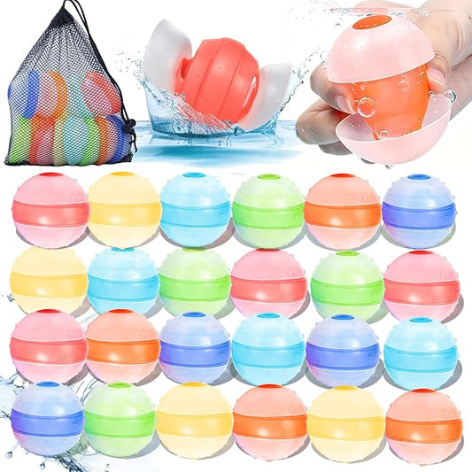 Self-Sealing Reusable Water Balloons for Kids – 24 Pack Soft Silicone Splash Balls, No Magnets, Quick-Fill Outdoor Water Battle Toys for Toddlers Boys Girls Ages 3+ (Reusable Water Balloons-24 Packs)