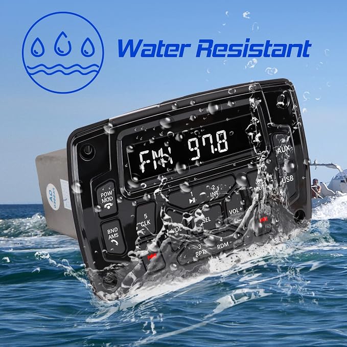 Marine Stereo Audio Radio Bluetooth Car Stereo Receivers Waterproof Player MP3 Boat Media with AM/FM Music Radio USB Input for Golf Cart Motorcycle UTV Head Unit Sound System