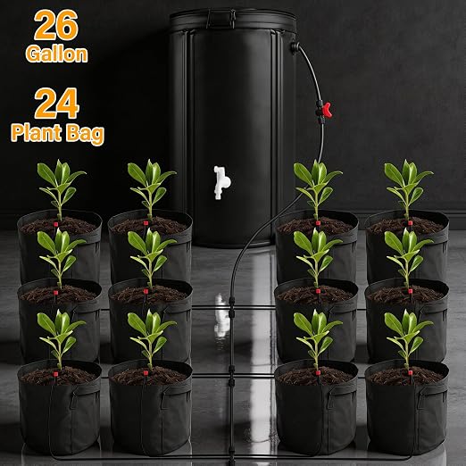 Auto Drip Irrigation System Kits, with 26 Gallon Bucket, 25W Water Pump, 24 Drip Emitters, 24 Planting Bags for Indoor and Outdoor Automatic Watering System for Grow Tent, Greenhouse, Lawn
