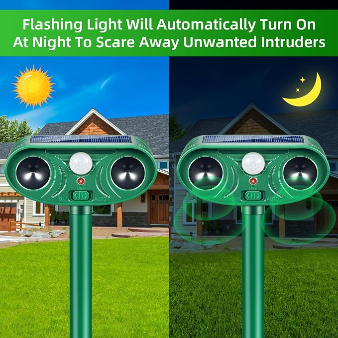 2026 Upgraded Solar Ultrasonic Animal Repellent Motion Activated Deer Repellen Outdoor with Adjustable Frequency Cat Deterrent to Keep Dog Raccoon Squirrel Rabbit Away from Yard Garden 4 Pack