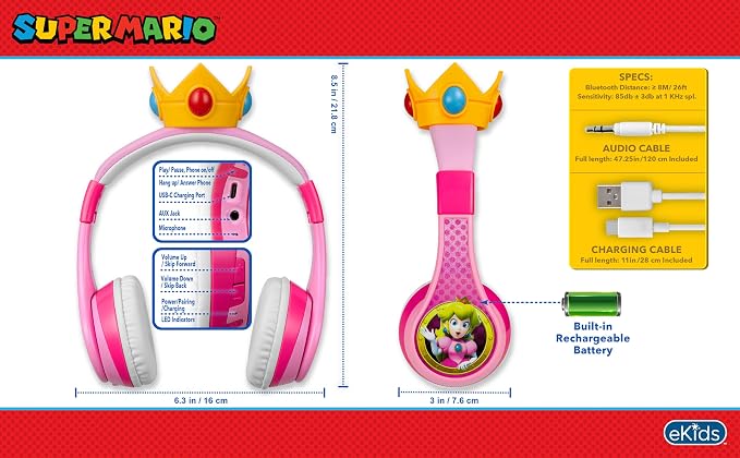 Princess Peach Bluetooth Headphones for Kids Wireless Headphones for School