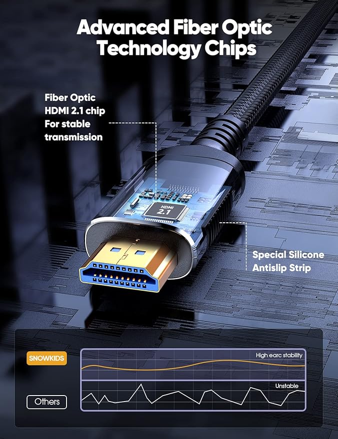 Snowkids 8K HDMI Fiber Optic Cable Long 2.1 100FT/30M, Unidirectional 48Gbps High Speed 8K60 4K Braided HDMI Cord eARC HDR10 2.2&2.3 Compatible for TV/Monitor/PS-5/X-box/Sound System & More