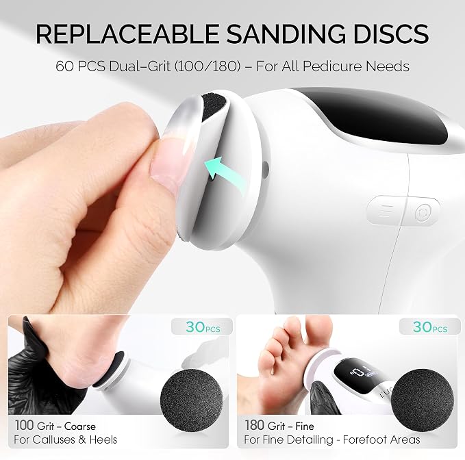 L'UGX Electric Foot Callus Removers –Powerful 8N·cm Torque Professional Pedicure Foot File, 3-Speed Settings, LCD Display, 60pcs Sandpaper Discs, Type-C Rechargeable, Ergonomic Handle-White