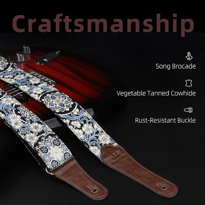 Guitar Strap, Electric& Acoustic Bass Guitar Straps,Embroidered Filament with Head Cowhide Leather Strap, with Free Strap Button,2 Guitar Strap Locks，4Guitar Pick (Blue floral print)