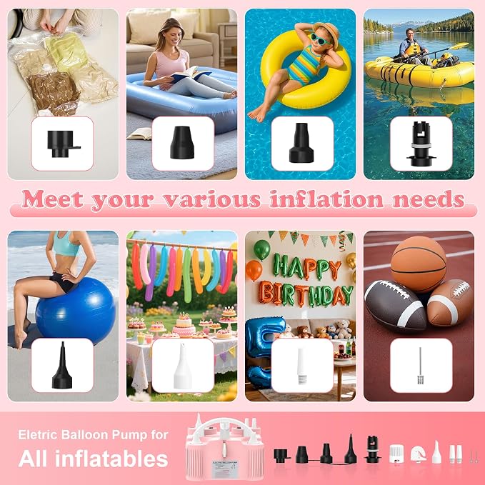 Electric Balloon Pump 4-in-1 Air Pump Portable Electric Balloon Blower Machine Dual Nozzle Quick-Fill 110V AC Inflator Deflator for Balloons Pool Floats Air Mattress Inflatables