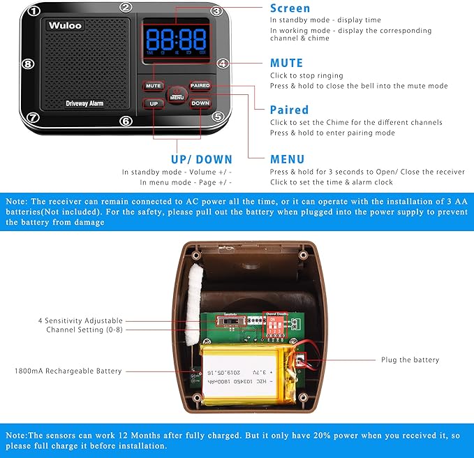 Wireless Driveway Alarm 1800 Feet Long Range Motion Sensor Alert System Driveway Detector for Home with 1800mAh Rechargeable Battery (1&4-Brown)