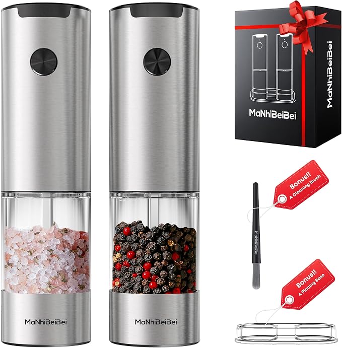 2 Pack Electric Salt Pepper Grinder, One Hand LED Ceramic Burr Adjustable Grind Kitchen Gift