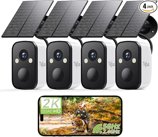 2K 5G Security Cameras Wireless Outdoor, 4-Pack Solar-Powered Camera for Home with Full Color Night Vision, PIR Detection, IP66/Alexa/2 Way Talk, No Subscription, 5G/2.4GHz WiFi