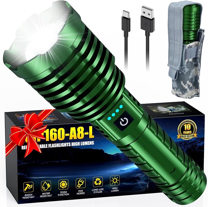 Super Bright Rechargeable LED Flashlights 2500,000 High Lumen, Flashlight Up to 25H Long Battery Life| Zoomable| 5Light Modes| IP67 Water Resistant, Tactical Flashlight for Camping (Green)