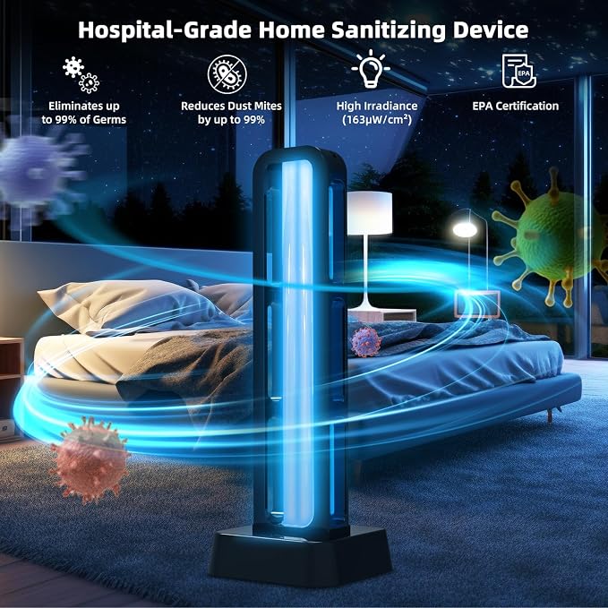 39W UV Light Sanitizer with Remote Control and 3 Timers – Ozone Free Home Disinfection Device, Kills Germs, Viruses, Mold and Dust Mites – Whole Room Ultraviolet Light for Home and Office