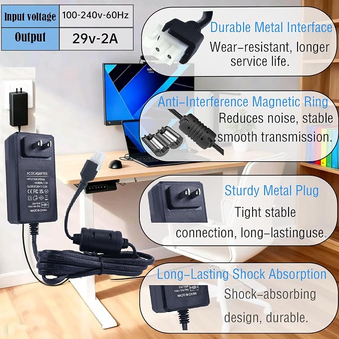 29V 2A Standing Desk Power Cord, 2-Pin Power Supply Adapter Compatible with Claiks P1.01.001/P101001 40/48/55/63 Inch Electric Desk, YH-K290018-C Charger Replacement