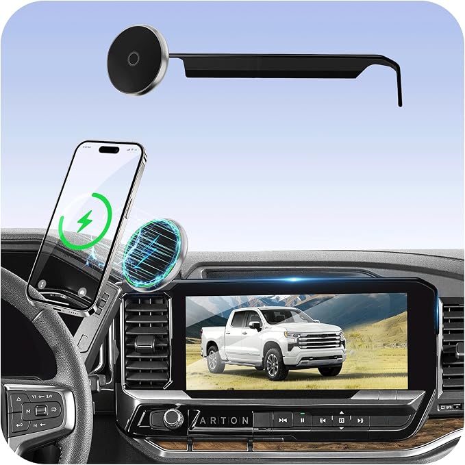 Phone Holder for Chevy Silverado 1500/2500/3500 (2022-2026,ONLY Fits 13.4" Screen)/GMC Sierra, MagSafe Car Mount, 15W Magnetic Wireless Charger, 360° Rotating, Hands Free, Car Accessories Interior
