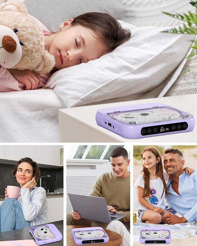 ENVYCLOUD CD Player Portable with Dual Stereo Speakers, Rechargeable Portable CD Player with Bluetooth for Home with Headphones, Support CD/AUX/USB, Purple