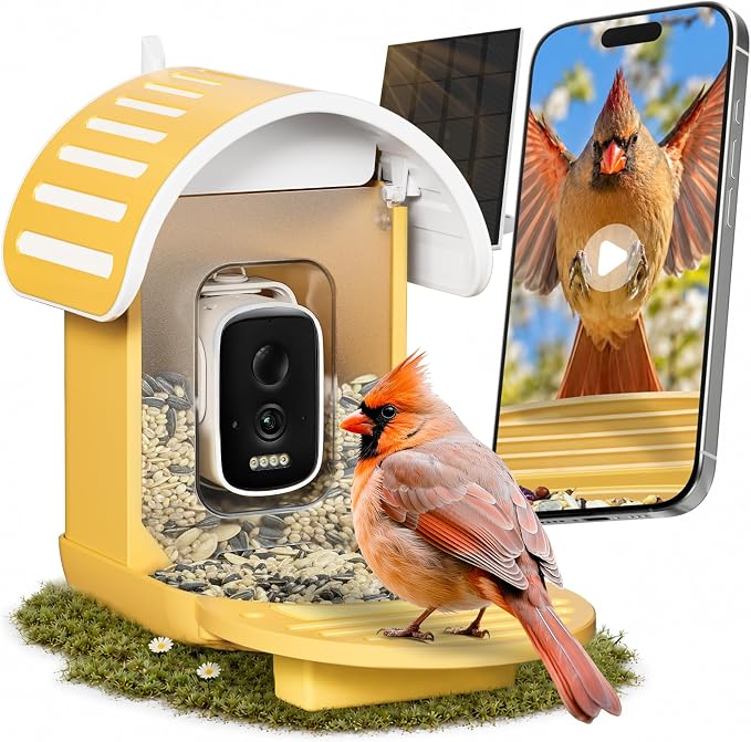Smart Bird Feeder with Camera, 2.5K UHD Bird Camera AI Identifies 11,000+ Bird's Species, Real-time Bird's Videos & Pictures, Solar Powered Feeder Wireless for Outdoor, Ideal Gift for Dad, Yellow
