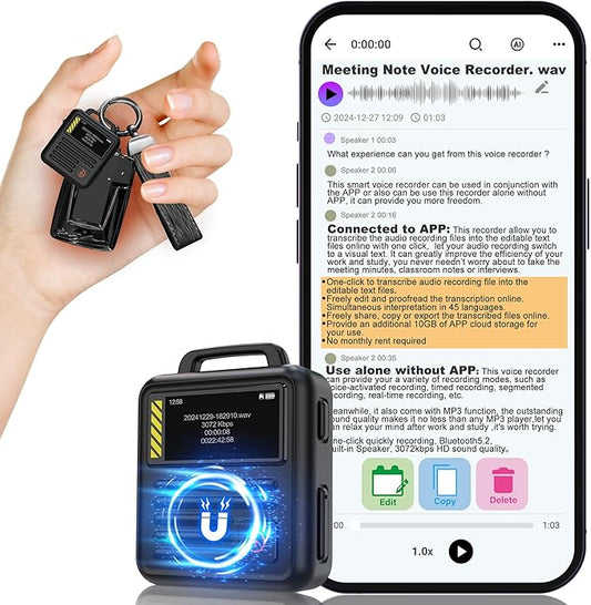 128GB (9680Hours) Digital Voice Recorder with APP Control,Moresen 3072kbps MP3 Audio Recorder with Transcribe & Summarize,HD DSP Noise Reduction Recording Device with Password, Black