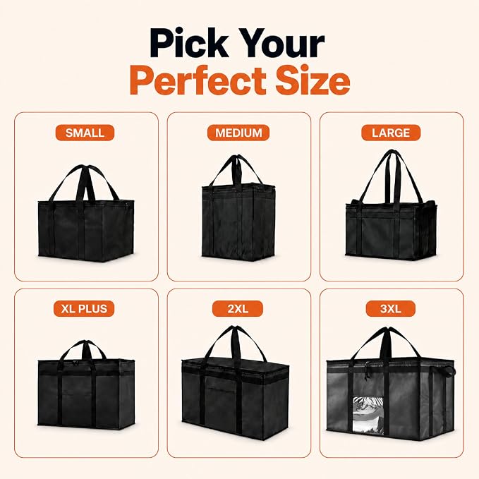 NZ home Insulated Bags for Food Delivery (2XL) Grocery Shopping Cooler Bag, Pizza Delivery, Hot & Cold Catering Tote, Reusable, Foldable & Heavy Duty (2 Pack, Black)