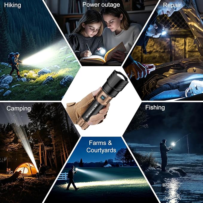 SKYFIRE Rechargeable Flashlights High Lumens,10000 Super Bright Flashlight Zoomable 4Modes Waterproof LED Tactical Flash Light for Camping Essentials,Outdoor and Home Emergencies-No Lens