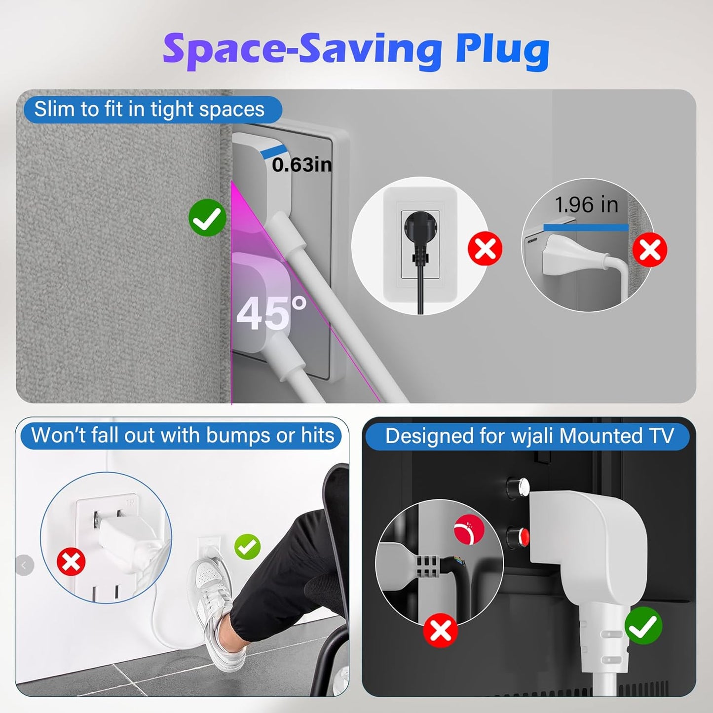 Adoreen 2 Ft Computer TV Replacement Power Cord White, Low Profile Flat Plug to 90 Degree Angled L-Shaped 18AWG 3-Prong AC Universal Power Supply Cable for Printer, PC, Monitor TV LCD, ETL+Ties
