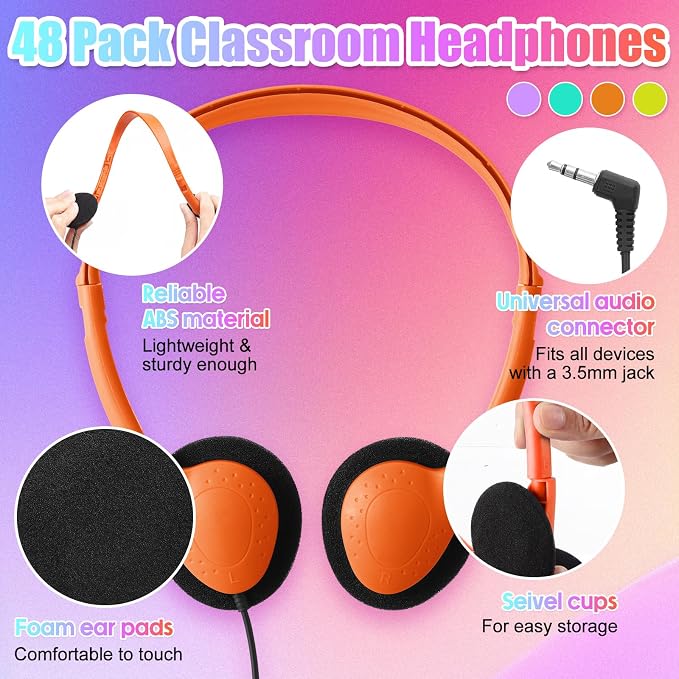 Frienda 48 Pack Classroom Headphones Bulk, Wired School Headsets for Students, Stereo Headphones with 3.5 mm Plug for Classroom, Online Learning, Library(Classic,Blue, Purple, Orange, Yellow)
