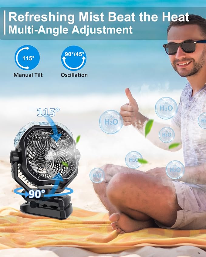 Portable Rechargeable Misting Fan with 12oz Mist, Battery Life Display, Remote, Timer, Light, 5 Speeds, 9-Inch, 20000mAh 120H Battery Powered Clip Fan for Stroller, Travel, Outdoor, Poweroutage