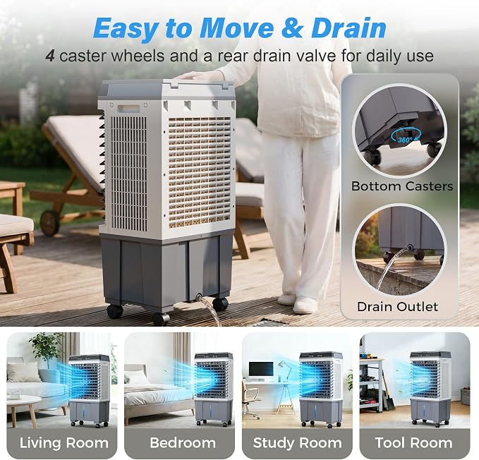 Portable Evaporative Air Cooler, 1800CFM Swamp Cooler with 5.5 Gallon Top Fill Tank, 4 Ice Packs, 120° Oscillation, 3 Speeds, 12 Hour Timer, Remote, for Home Office Bedroom