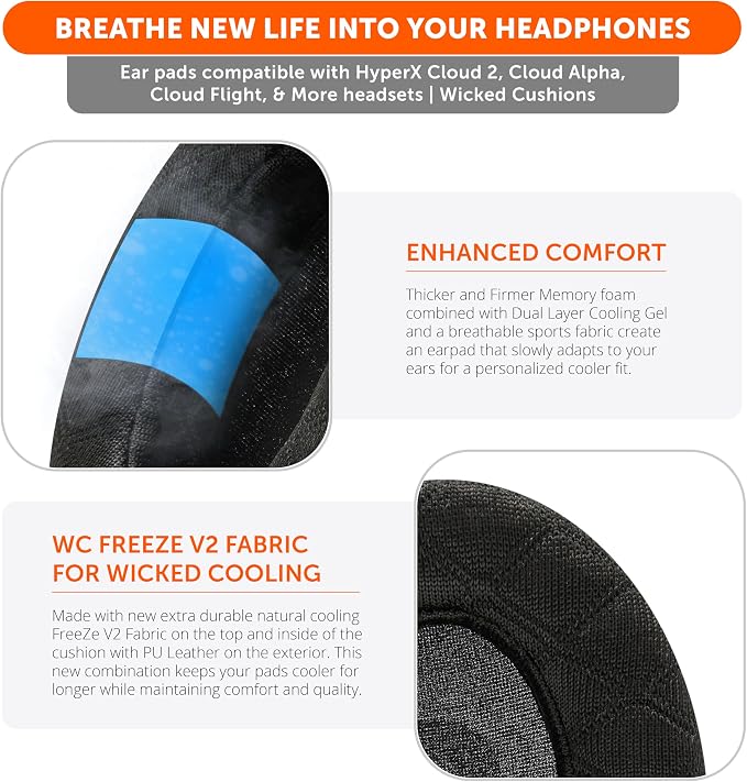 WC Freeze V2 Cloud - Angled Cooling Gel Earpads Compatible with HyperX Cloud Series by Wicked Cushions | Angled Pads for Extreme Comfort, New Freeze V2 Cooling Fabric, Extra Thick | Speed Racer