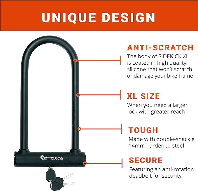 OTTOLOCK Sidekick XL Full-Size U-Lock - Heavy Duty Anti Theft Bicycle U-Lock with Keys, Silicone-Coated, Bike Accessories, Black