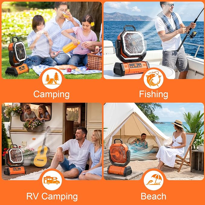 Portable Rechargeable Fan 20000mAh,Cordless Battery Powered Camping Fan with LED Light& Remote,4 Speeds Wind,USB, Timer,Oscillating for Travel Tent,Rv Camping Essentials (Orange)