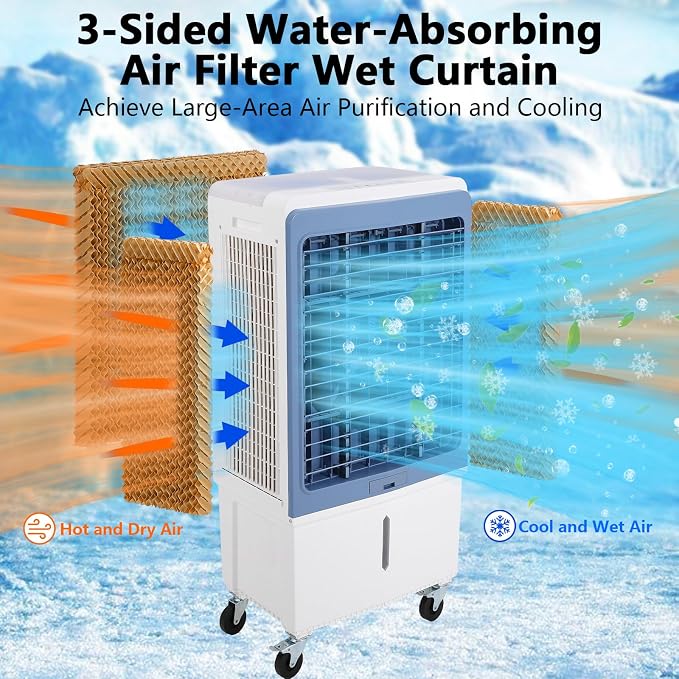 TAKYWEP Swamp Cooler, 3500CFM Evaporative Air Cooler with 13.2 Gallon Water Tank and 4 Ice Packs, 12H Timer, 3 Modes & Wind Speeds for Outdoor Indoor Use
