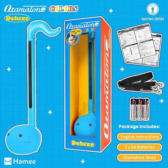 Otamatone Deluxe Blue – Electronic Musical Instrument for Adults, Portable Digital Synthesizer with 3.5mm Aux Jack and Strap from Japan by Maywa Denki, Cool Unique Gift [English Manual]