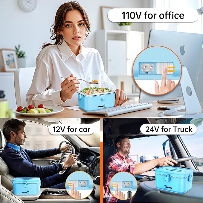 Heated Electric Lunch Box for Adults, 80W Portable Food Warmer with 1.8L Stainless Steel Container, Utensils, Carry Bag & Leakproof Lid, 12V/24V Car/Truck & 110/120V Home/Office (Light Blue)