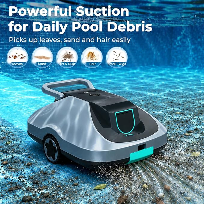 Robotic Pool Cleaner, Cordless Pool Vacuum for Above Ground & Inground Pools, 200mins Runtime Automatic Pool Vacuum Robot for Leaves & Dirt, Powerful Suction up to 2500 sq.ft, Self Parking-Teal