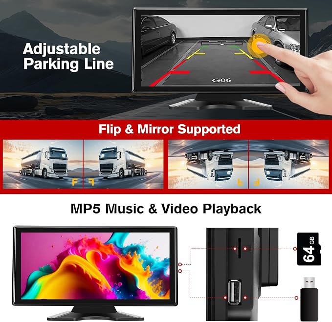 4 Channel Backup Camera System for Truck RV, 10.36” Touch Screen Monitor with 4 1080P Camera, Smart BSD Alert, DVR Loop Recording, IP69 Waterproof Night Vision Dash Cam for Trailer Camper, 64GB Card ﻿