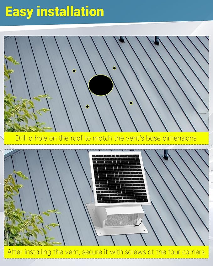 25W Solar Powered Roof Vent Fan with 8 Inch Removable Roof Vents, Ventilation and Cooling Solar Attic Exhaust Fan, Suitable for Lofts, Shops, Garages
