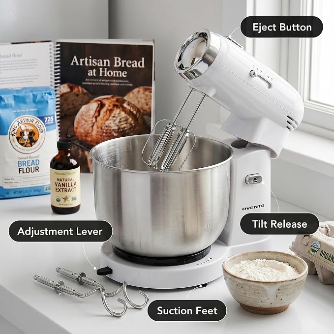 OVENTE Electric Stand Mixer with 3.5 Quarts Stainless Steel Mixing Bowl, 5 Speed Portable and Lightweight 250W Kitchen Mixer for Everyday Use, Includes 2 Egg Beater Whisk and Dough Hook, White SM680W