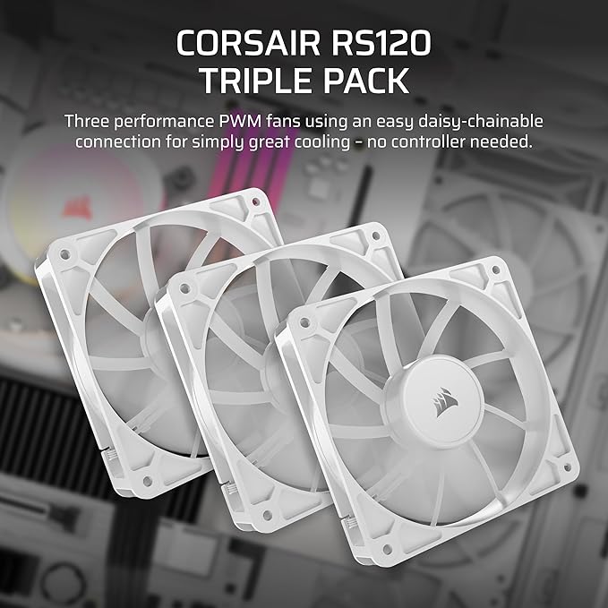 CORSAIR RS120 120mm PWM Fans – Daisy-Chain Connection – Low-Noise – Magnetic Dome Bearing – Triple Pack – White