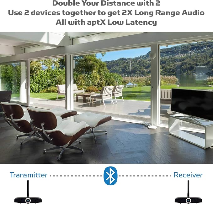 Long Range Bluetooth Transmitter or Receiver, Audio Only for TV PC Stereo, Connect Speaker, Headphones, Phone, aptX Low Latency Wireless Adapter, Listen in HD No Delay Optical RCA 3.5mm (Home RTX 2.0)