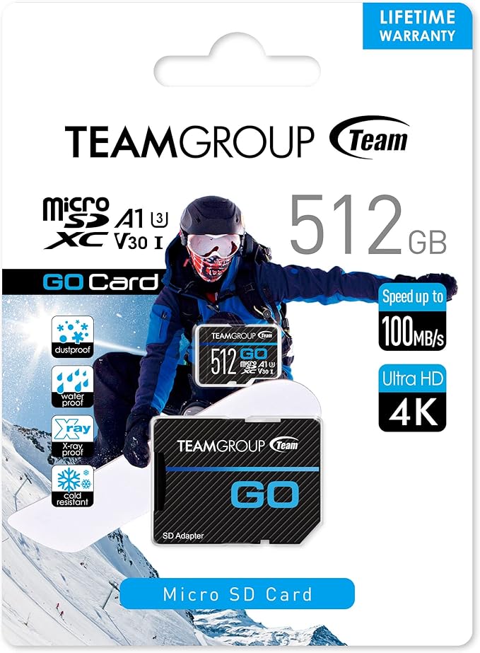 TEAMGROUP GO Card 512GB MicroSDXC UHS-I U3 V30 4K for Action Cameras & Drone High Speed Flash Memory Card with Adapter for Outdoor Sports&Vlog, 4K Shooting,GoPro&Insta360&DJI TGUSDX512GU303