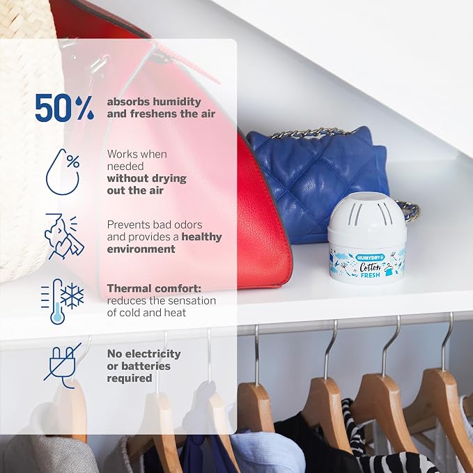 HUMYDRY Moisture Absorber Device, Mini Pack of 12 2.6oz, Up to 4-6 Weeks Humidity Control, Fights Summer Humidity, Small Space Dehumidifier & Air Freshener, Fresh Cotton Scent, Non Electric