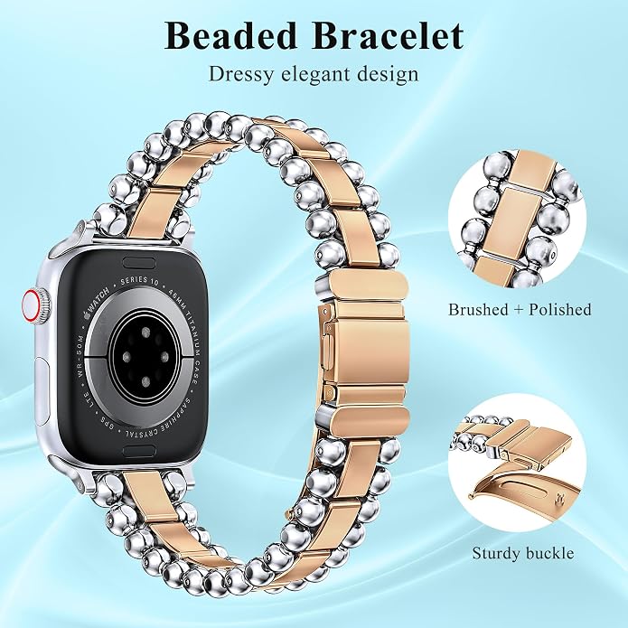 TOYOUTHS Beaded Bracelet Compatible with Apple Watch Bands 38/40/41/42/44/45/46/49mm Women, Dressy Fancy Stainless Steel Metal Elegant Jewelry Strap for iWatch Series 11 10 9 8 7 6 5 4 Ultra/SE 3 2 1