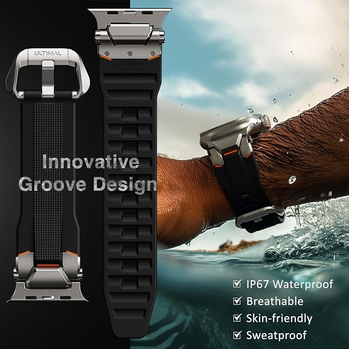 ULTIMAL Rugged Band for Apple Watch Ultra 3/2/1 49mm, Series 11/10/9/8/7/6/5/4 SE 46mm/45mm/44mm, Waterproof, Soft TPU Strap with Stainless Steel Buckle & Connectors, Sweat-Resistant, Easy to Clean, Fits 155-225mm Wrist (Titanium/Black)