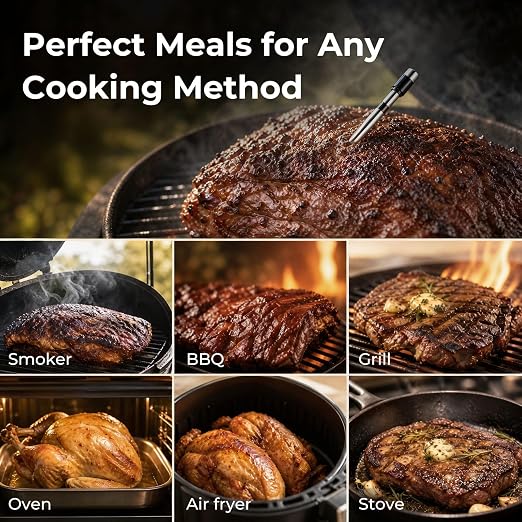 Wireless Smart Meat Thermometer, Dual-Sensor Probe, 500FT Remote, Dedicated App, Real-Time Temp for Oven/Grill - Rechargeable, Precise for Steak