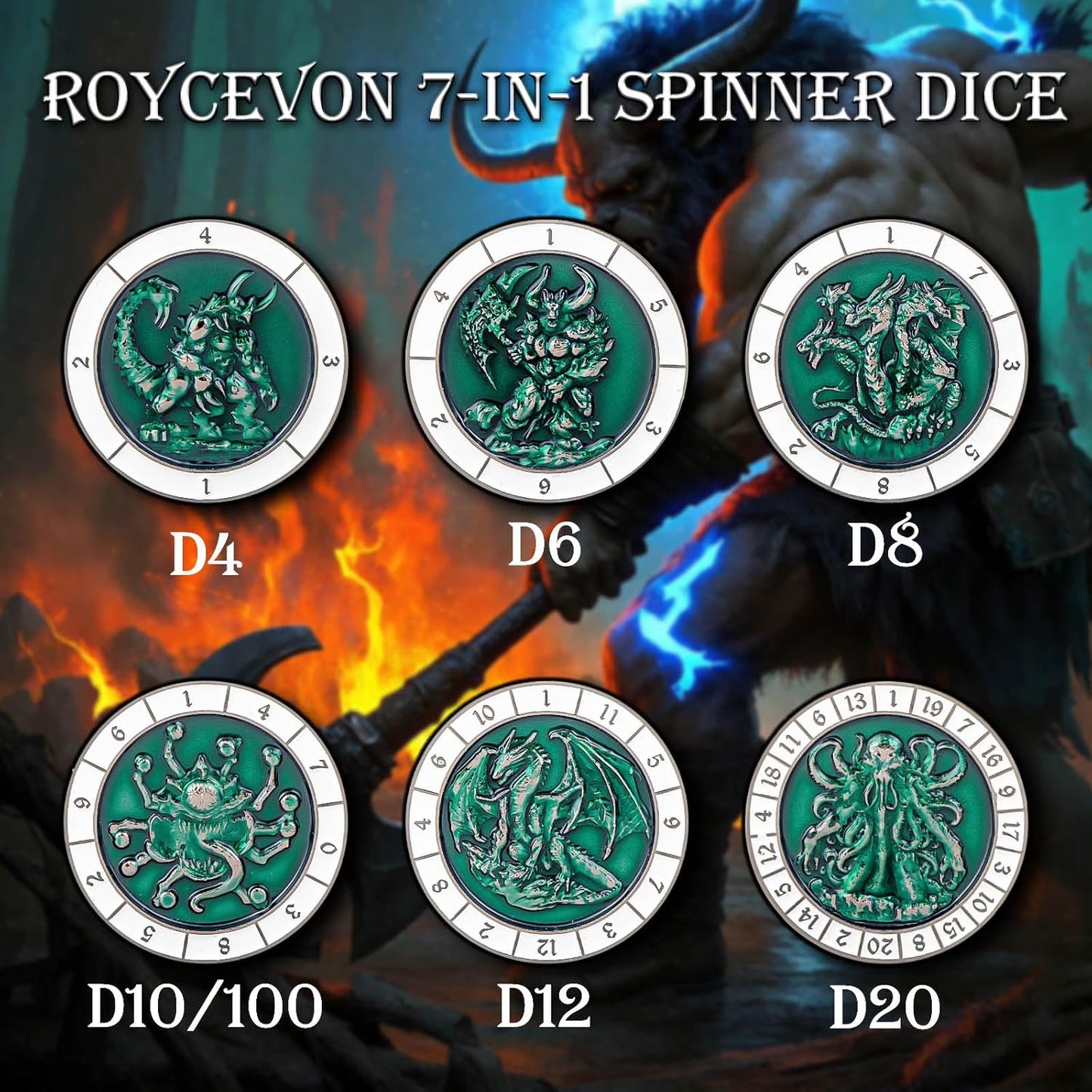 7 in 1 D6 Spinner DND Dice Set D&D, Metal Cube D and D Dice with Gift Box, Dungeons Dragons Role Playing Dice, Black Green